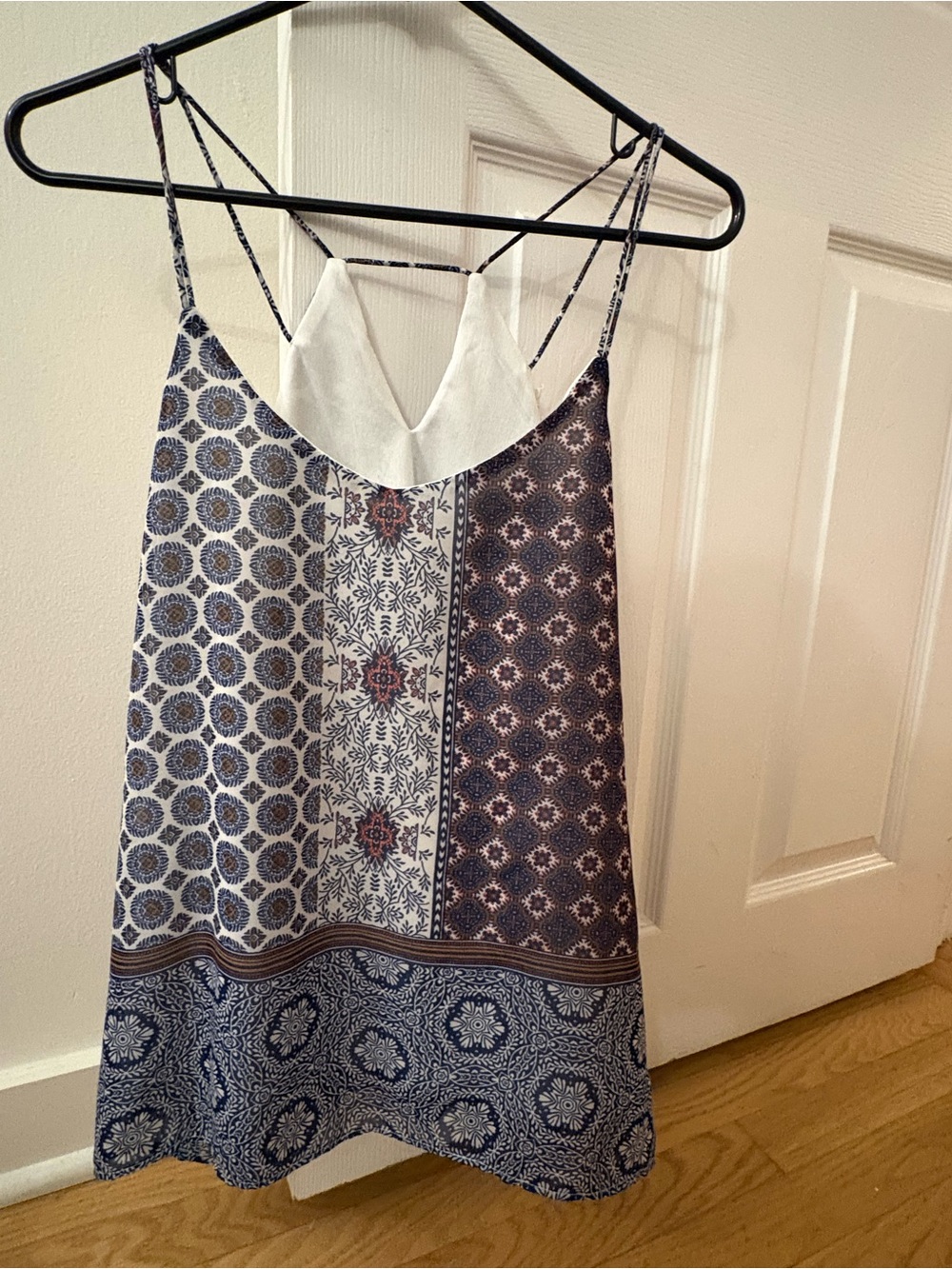 Blue, white and Pink patterned strappy tank top